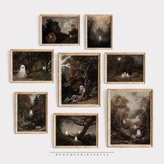 six framed paintings of halloween scenes in various frames