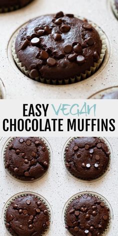 chocolate muffins are sitting in the middle of an oven with text overlay that reads easy vegan chocolate muffins