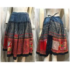 Vintage tribal Hmong handwoven hemp cotton skirt. Age is over 40 years and still very good condition. Textile,appliqué ,embroidery,batik are highly developed. This skirt is produced with all handmade,hand woven,hand dyed , hand sawing in silk,cotton threads. The batik pattern in cotton fabric,the embroidery pattern in hemp fabric Great to hang on the wall or any ideas. Measurements Length 63 cm Waist tie 60 cm-72 cm Weight 1030 grams Traditional Cotton Skirt For Festival, Traditional Patchwork Skirt For Festivals, Bohemian Batik Print Festival Skirt, Traditional Festival Skirt With Patchwork, Bohemian Batik Print Skirt For Festival, Bohemian Embroidered Festival Skirt, Bohemian Festival Skirt With Batik Print, Bohemian Embroidered Skirt For Festivals, Bohemian Cotton Skirt With Batik Print