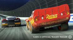 two cars racing on a race track in the video game disney's cars 3