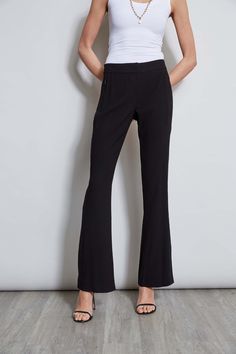 We chose our favorite Fluid Crepe for the season's must have pant. Incredibly flattering with a fit & flare leg - these pants are detailed with a partially lined lace insert down the sides for a glimpse of leg. Get ready for the compliments. Elie Tahari Exclusive Fit & Flare Fluid Crepe Pant with Lace Side Stripes 70% Triacetate, 30% Polyester Runs true to size. Model is 5'9" and wearing size 2 Measurements: 10"L front rise 33.5"L inseam (approx. length for a size 6) Dry Clean Only Imported Styl Flare Pant, Lace Side, Woven Handbags, Elie Tahari, Leather Weaving, Lace Insert, Side Stripe, Flare Pants, Fit & Flare