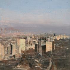 an oil painting of a cityscape with buildings