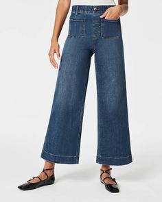 SPANXshape everywear cropped wide leg jeans with patch pockets in shaded blue Low Jeans, Oversized Jeans, Cropped Wide Leg Jeans, Solid Color Pants, Cropped Style, Clothing Size Chart, Womens Clothing Sizes, Look Chic, Stretch Jeans