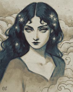 a drawing of a woman with stars on her head and clouds in the sky behind her