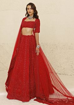 Radiate opulence with a stunning Crimson Red Bridal Lehenga Set, meticulously crafted from luxurious georgette. The red lehenga is adorned with intricate nalki and beaded embroidery in a harmonious red hue, adding depth and sophistication to the ensemble. Teamed with a Florentine neckline blouse featuring delicate bead detailing at the waistline, this set exudes elegance and refinement. Completing the look is a net fabric dupatta, embellished with a heavy hand-embroidered border, enhancing the overall allure. This bridal lehenga is a perfect choice for your special day. Composition : Lehenga, Blouse & Dupatta : Georgette, Net Care: Dry Clean Only and Vacuum Storage This product can be customized for sleeves, length and colour Delivery : 8-10 weeks as the product is hand crafted. Check Size