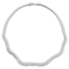 Vintage 18kt White Gold Diamond Ribbon necklace with 712 round full cut stones. They have a total carat weight of 17.80. The diamonds are G-H in color & VS in clarity. The diamonds are all prong set in 5 rows with a curved ribbon like pattern. Chloe 2024, Diamond Ribbon, Ribbon Necklace, Modern Necklaces, Gold Jewelry Fashion, High Jewelry, White Gold Diamonds, Prong Setting, Diamond Jewelry