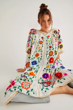 Bella Flor Embroidered Kaftan | Free People Cheap Bohemian Embroidered Dress For Women, Cheap Bohemian Embroidered Dress With Embroidered Hem, Embroidered Fable Midi Dress, Embroidered Dresses Casual, Affordable Bohemian Tunic Kaftan, Embroidered Dress Material, Free People Frida Dress, Floral Fashion Aesthetic, Clothing Repurpose