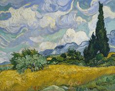 a painting of a wheatfield with trees and clouds in the background