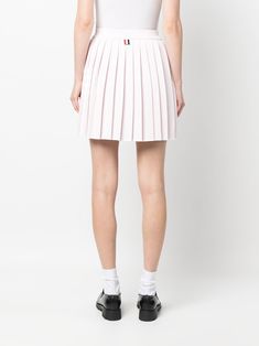 4-Bar pleated miniskirt from THOM BROWNE featuring signature 4-Bar stripe, fully pleated, high waist, above-knee length and blush pink/white. Spring Mini Pleated Skirt With Pleated Hem, Relaxed Tennis Skirt With Accordion Pleats, Spring Tennis Skirt With Accordion Pleats, Spring Short Accordion Pleated Skirt, Relaxed Fit Mini Skirt With Accordion Pleats, Preppy Pleated Flared Tennis Skirt, Preppy Pleated Flared Mini Skirt, Relaxed Mini Skirt With Accordion Pleats, Chic Mini Skirt With Box Pleats