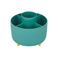 a green cup holder with four cups on it's sides and two yellow legs