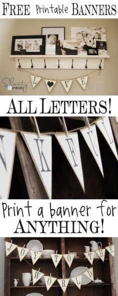 the printable banner for any letter is displayed on a shelf with other items in it