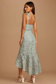 Sage Green Lace Dress - Lace Midi Dress - Trumpet Hem Midi Dress - Lulus Plus Size Wedding Guest Outfits, Plus Size Wedding Guest Dress, Bridal Shower Dresses, Midi Dress Wedding, Sage Green Dress, High Low Midi Dress, Outfit Wedding Guest, Green Lace Dresses, Bridal Shower Dress