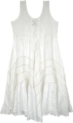 An all-season medieval style long tank dress in moon white with a simple scooped neck and tie-ups at the front.  This sleeveless dress has embroidery and a beautiful lace work alongside the stylized panels. #tlb #Sleeveless #Embroidered #Lace #XLPlus #MedievalDress #RenaissanceDress #WesternDress #RayonDress Sleeveless Corset Dress With Lace-up Back, Spring Sleeveless Corset Dress With Lace Patchwork, Bohemian Boho Dress With Lace Trim Sleeveless, Bohemian Sleeveless Boho Dress With Lace Trim, Spring Bohemian Corset Dress, Sleeveless Lace Festival Dress, Festival Sleeveless Lace Dress, Sleeveless Lace Dress For Festival, Bohemian Corset Dress For Spring