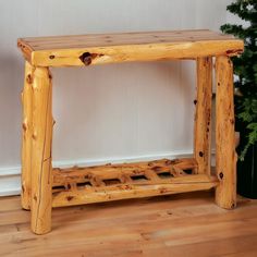 Cedar Sofa Table with Open Log Shelf Log Shelf, Log Furniture Plans, Exclusive Relationship, Cedar Table, Entry Table Decor, Log Furniture, Entry Table, Woodworking Ideas, Wood Work