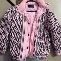 Versace Pink And Black Puffer Coat Size 44 Very Comfortable Fw21 Fits Great Versace Jacket, Versace Pink, Black Puffer Coat, Black Puffer, Pink And Black, Puffer Coat, Versace, Puffer, Black Pink