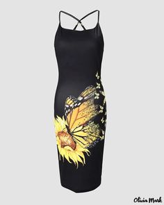 Olivia Mark - Sunflower Butterfly Print Fishnet Halterneck Bodycon Dress Dress With Fishnets, Butterfly Sunflower, Sunflower Butterfly, Casual Bodysuit, Backless Bodycon Dresses, Printed Bodycon Dress, Sunflower Print, Black Bodycon Dress, Vacation Dresses