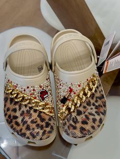 Blingedout leopard print custom crocs in BONE WHITE can be made in different colors  Bling Bling  Custom Made Crocs Bling Crocs, Bedazzled Shoes, Custom Crocs, Pretty Sneakers, Western Bling, Crocs Fashion, Custom Bling, Clogs And Mules, Bling Shoes