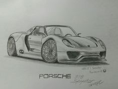 a drawing of a porsche sports car with the word porsche on it's side