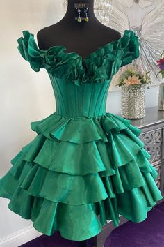 Green Ball Gown, Structured Corset, Blue Homecoming Dresses, Tiered Ruffle Skirt, Corset Bodice, Short Homecoming Dress, Ruffle Shorts, Stretch Satin, Shoulder Design