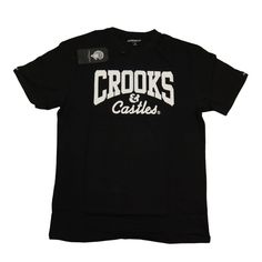 Nice Crooks & Castles Brand T-Shirt In Size Large In Black Color With Short Sleeves / The Shipment Will Be Made 24 Hours After The Purchase By Usps Priority Mail Features: Short Sleeve / Streetwear Size: Mens Large Condition: New With Tags Urban Black Tops With Text Print, Black Cotton Shirt With Front Print, Black Cotton Tops With Front Print, Black Logo Print T-shirt For College, Pre-shrunk Black Graphic Tee, Branded Crew Neck Top For College, Black Graphic Print T-shirt For College, Cotton College Tops With Branding, Black Short Sleeve Shirt For College