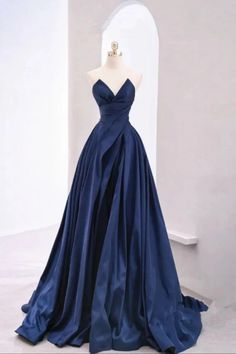 Blue Satin Prom Dress, Blue Long Prom Dress, Long Party Dress, Strapless Prom Dress, Blue Tulle, Evening Dresses Cocktail, Custom Size Dresses, Dress Navy Blue, Satin Prom Dress