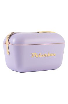 a purple and gold lunch box with the word potlanbox on it's side