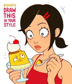 a woman holding a plate with a dessert on it and the caption says draw this in your style