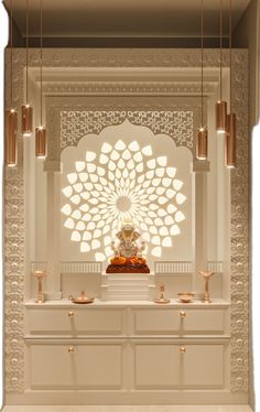 Office Pooja Room, Korean Temple Designs For Home, Korean Mandir Designs, Buddha Room Design, Mandir Design Puja Room, Corian Mandir Design, Puja Unit, Mandir Designs, Ganpati Decoration Theme