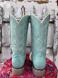 Roper Women's Anika Light Blue Aztec Square Toe Cowgirl Boots 7616-858 | Painted Cowgirl Western Store Fitted Turquoise Boots For Ranch, Blue Boots For Rodeo, Western Turquoise Boots With Patina, Turquoise Western Boots With Patina, Turquoise Western Boots For Ranch, Fitted Southwestern Boots For Ranch, Southwestern Style Fitted Boots For Ranch, Country Style Fitted Boots With Square Toe, Country Style Fitted Square Toe Boots