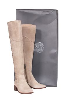 Current Boutique-Vince Camuto - Taupe Suede Tall Boot Sz 4.5 Fall Knee-high Wide Calf Boots, Fall Knee-high Moto Boots Medium Width, Casual Knee-high Moto Boots For Fall, Fall Medium Width Knee-high Moto Boots, Wide Calf Moto Boots With Flat Heel For Fall, Wide Calf Flat Heel Knee-high Boots For Winter, Casual Wide Calf High Ankle Lace-up Boots, Casual Wide Calf High Ankle Moto Boots, Fitted Wedge Ankle Boots For Fall