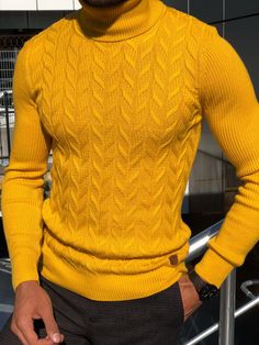 Calvin Slim-Fit Turtleneck Knitwear Yellow-baagr.myshopify.com-sweatshirts-BOJONI Yellow Knitwear, Color Clothes, Mens Turtleneck, Burgundy Shoes, Fitted Turtleneck, Men Style Tips, Yellow Sweater, Sweater Material, Mens Casual Outfits