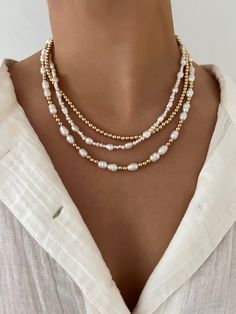 14k gold filled beads Water and tarnish resistant 14 inches with 2 inch chain extender Necklaces With Pearls, Necklace Outfit, Beaded Jewelry Necklaces, Beaded Necklace Designs, Diy Jewelry Inspiration, Gelang Manik, Stacked Necklaces, Beaded Jewels, Handmade Jewelry Tutorials