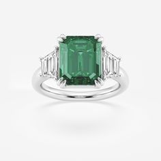 11x9mm Created Emerald and 1 ctw Lab Grown Diamond Three-Stone Engagement Ring Platinum Emerald Cut Sapphire Ring, Emerald Wedding Rings, Emerald Wedding, Three Stone Ring, Engagement Rings Platinum, Wardrobe Outfits, Three Stone Engagement, Diamond Education, Three Stone Engagement Rings