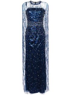 sapphire blue sequin embellishment crystal embellishment bead embellishment cape design crew neck concealed rear zip fastening long draped sleeves floor-length straight hem Fall Gowns, Bling Outfits, Sapphire Blue Dress, Queen Gown, Uzun Boy, Dress Reference, Long Drapes, Gown Blue, Cape Designs