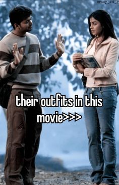 two people standing next to each other with the words their outfits in this movie