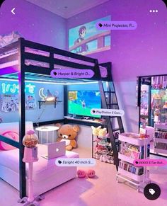 a bedroom with bunk beds and purple walls