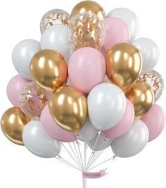 a bunch of balloons that are in the shape of a tree with gold, white and pink balloons