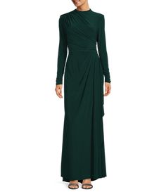 Betsy & Adam Stretch Jersey Side Drape Round Neck Long Sleeve Gown #Dillards Fitted Long Sleeve Dress With Draped Sleeves For Fall, Fitted Pre-draped Long Sleeve Maxi Dress, Fitted Draped Maxi Dress For Fall, Fitted Long Sleeve Pre-draped Maxi Dress, Fitted Long Sleeve Maxi Dress With Draped Sleeves, Formal Long Sleeve Maxi Dress In Elastane, Formal Long-sleeve Elastane Maxi Dress, Fitted Long Sleeve Maxi Dress With Pleated Back, Dillards Dresses Formal