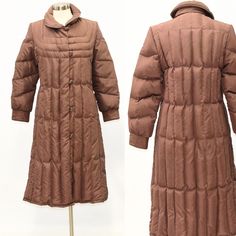 "* Light brown quilted down coat/puffer coat * Zip & button closure * 2 outside pockets * Chest: 37\" * Shoulder: 15\" * Arm: 22\" * Length: 44\" * The coat is in excellent vintage condition with the exception of 2 faint stain on the upper left back shoulder area" Brown Down Puffer Jacket For Winter, Fitted Quilted Winter Jacket With Buttons, Fitted Quilted Jacket With Button Closure For Winter, Brown Down Winter Puffer Jacket, Vintage Quilted Jacket With Long Sleeves For Winter, Vintage Quilted Outerwear For Fall, Fitted Quilted Winter Jacket With Button Closure, Vintage Long Sleeve Quilted Jacket For Winter, Winter Fitted Quilted Jacket With Button Closure