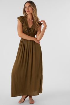 Elegant woven maxi dress that has a deep v-neckline, ruffle detail and solid color wash. O'Neill Women's woven maxi dress 56" In length Bodice ruffles Pin tucks on bodice Tie back detail Solid color wash 100% Viscose Crinkle | O'Neill Women's Nolee Solid Maxi Dress in Military Olive, Size XS, Viscose Capsule Dressing, Earth Tone Dress, Suits Series, Empire Waist Maxi, Solid Maxi Dress, Loungewear Outfits, Loungewear Dresses, Spring Suit, Womens Wetsuit