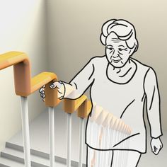 an elderly woman is walking up the stairs with her hand on the railing and another hand reaching down