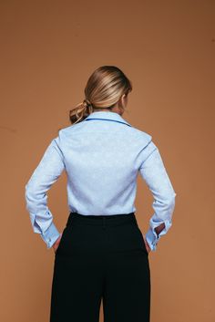 Elegant Fitted Button-up Shirt, Spring Business Blouse With Lapel Collar, Business Blouse With Fold-down Collar For Spring, Elegant Blue Business Tops, Formal Fitted Shirt With Paisley Print, Spring Business Blouse With Fold Down Collar, Formal Blouse With Lapel Collar And Relaxed Fit, Formal Blouse With Lapel Collar In Relaxed Fit, Fitted Lapel Collar Blouse For Office