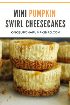 mini pumpkin swirl cheesecakes stacked on top of each other with text overlay