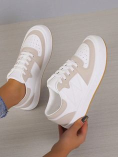 Women's Casual Sports Shoes, Fashionable Sneakers With Thick Soles, Low-Cut Lace-Up White Shoes, Outdoor Sports Running Shoes,Suitable For Any Season Khaki    PU Leather     Sports & Outdoor Shoes, size features are:Bust: ,Length: ,Sleeve Length: White Breathable Lace-up Canvas Shoes, Breathable White Low-top Canvas Shoes, Sporty Flat Canvas Shoes For Sports, White Breathable Synthetic Canvas Shoes, Sporty Flat Canvas Shoes, Trendy White Breathable Canvas Shoes, Trendy White Running Shoes With Vulcanized Sole, White Flat Platform Sneakers, White Synthetic Flat Platform Sneakers