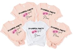 Custom Slumber Squad Shirt, Sleepover Party Shirt, Sleepover Pajama Shirts, Slumber Party Shirts, Sleepover Girls Shirts, Party Girls Shirt TSHIRT INFO: ☁️ 100% cotton ✅ Loose fit 🧶 Sewn-in label 👌 Runs true to size DESIGN INFO: ▪️ Design is being implemented as DTF Technologies ▪️ There may at times be a slight difference between real and perceived colors of an item due to the nature of an item or resolution of a screen. CARE INSTRUCTIONS: ▪️ Wash inside out in cold water ▪️ Hang dry or dry on low heat, hang dry is preferred ▪️ NO dry cleaning ▪️ Iron inside out on low heat if needed SHIPPING INFO: 1-3 Business Days. Please Double check your address. We are not responsible for items going to the wrong address. If you entered the wrong address, please contact us right away. Addresses can Boys Sleepover Shirts, Slumber Party Shirts, Info Design, Squad Shirt, Girls Shirt, Sleepover Party, Slumber Party, Slumber Parties, Pajama Shirt