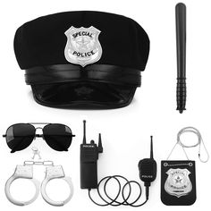 PRICES MAY VARY. 【6 pcs set】 Police cap, walkie-talkie (non-functional), 13-inch baton, leather badge, high-end sunglasses etc, 【Exquisite Design】 This police cap with adjustable buckle is suitable for adults and Over 6 years old Children ,Wearable for both men and women combining various elements to create a professional police image. 【Perfect Complement】 Police clothing accessories set includes walkie-talkie (non-functional), completely catering to chest and waist connections, also equipped wi Theater Dress, Police Accessories, Theatre Dress, Police Officer Costume, Police Outfit, Police Hat, Police Costume, Book Day Costumes, Uniform Accessories