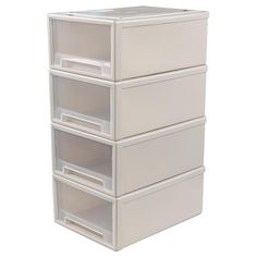 three drawers are stacked on top of each other, one is white and the other is clear