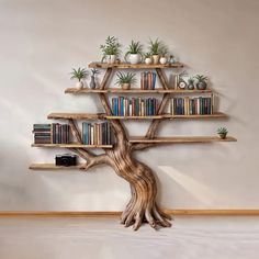 a wooden tree shelf with books and plants on it