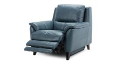 the reclining chair is shown in blue leather