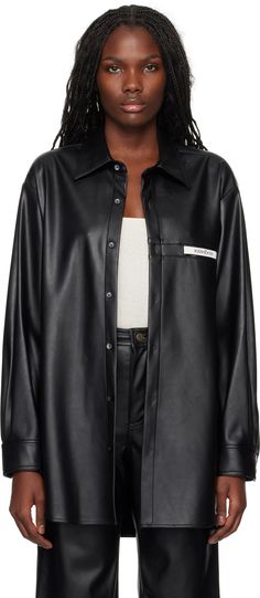 Buffed faux-leather shirt. · Spread collar · Button closure · Logo patch at welt pocket · Shirttail hem · Two-button barrel cuffs · Partial satin lining Supplier color: Black Leather Shirt, Black Label, Oversized Shirt, Welt Pocket, Patch Logo, Black Shirt, Apparel Accessories, Barrel, Top Shirt